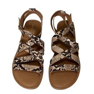 New Directions Womens Sandals Open Toe Low Wedge Snake Skin Strappy Black Cream